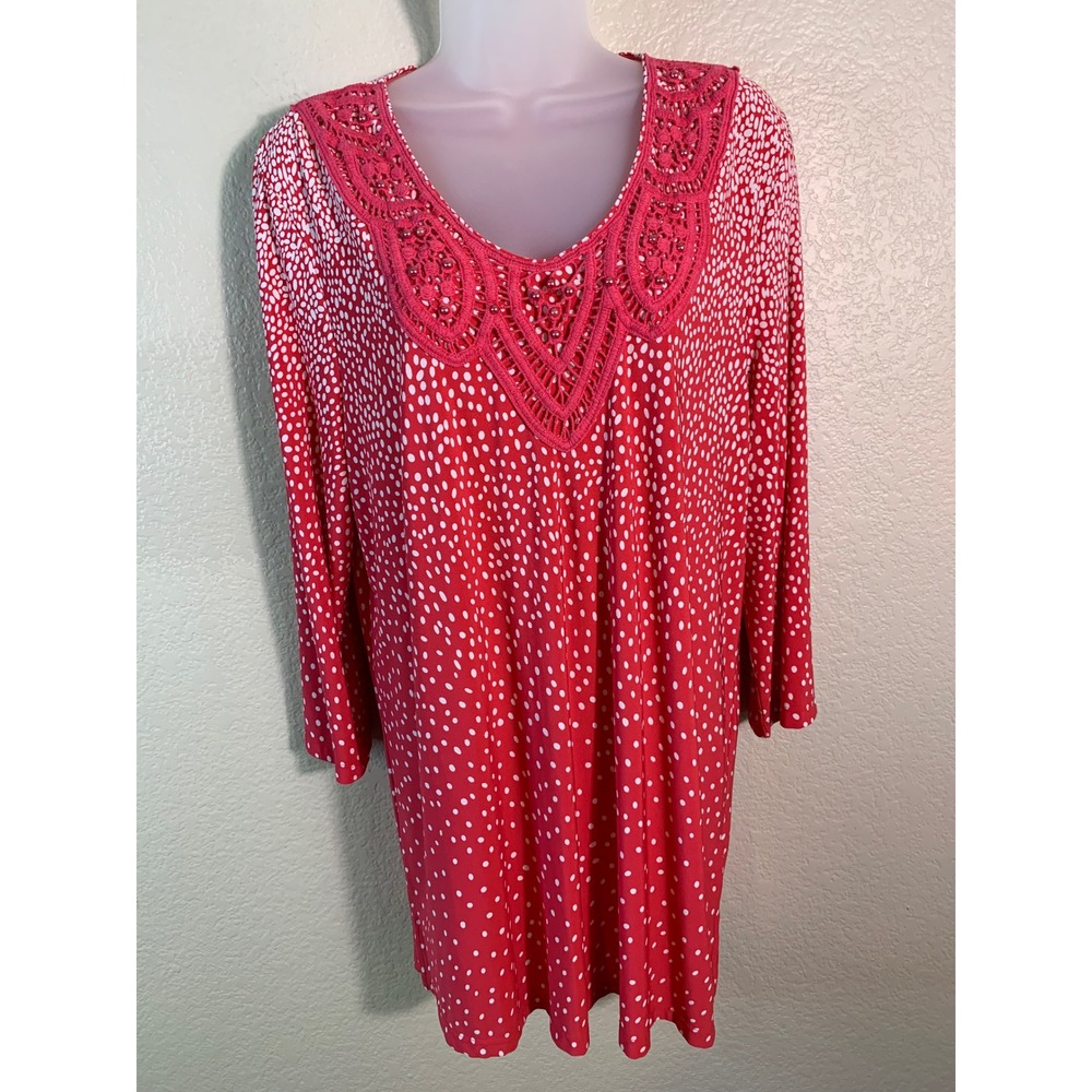 Susan Graver Womens L Tunic Top Red White Polka Dot Crochet Lace Beaded V Neck